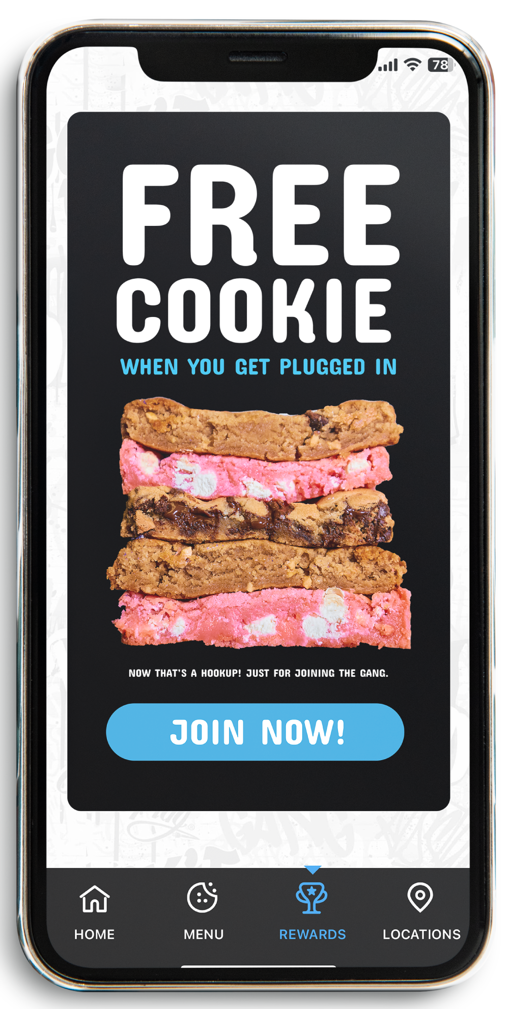 Cell phone mockup that says 'FREE COOKIE when you get plugged in' with a stack of cookies with white chocolate chips and a 'Join Now' button.